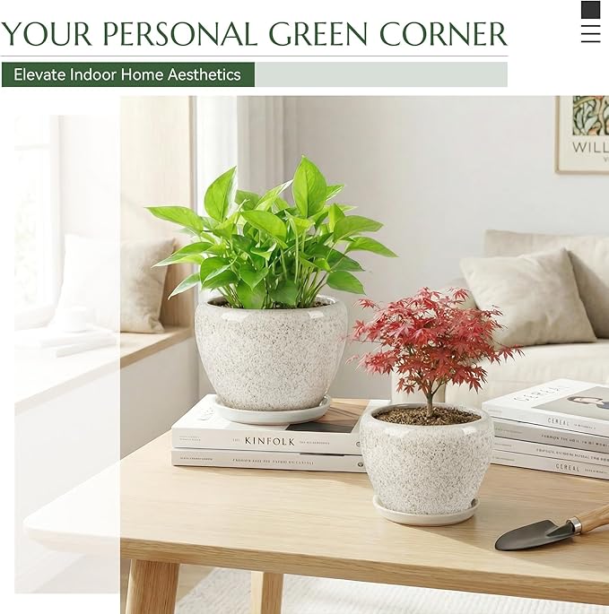 8.3 Inch Ceramic Planter with Saucer Leak-Proof Mesh &Drainage, Round Plant Pot with Gardening Gloves for Indoor Outdoor Plants