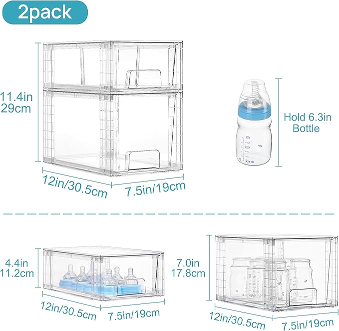 Vtopmart Clear Stackable Storage Drawers, 4 Pack Kitchen Cabinet Set | Medium and Small Pull-Out PET Drawers with Stackable Design for Kitchen Cabinets, Pantry, Under Sink, Medicine