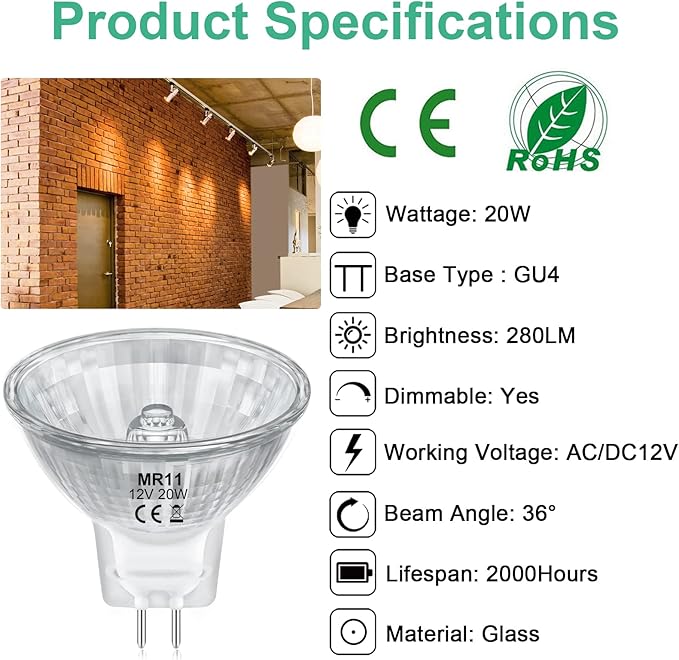 MR11 Light Bulbs, 12V 20W Halogen Light Bulbs 2 Pin, FTD Spotlight Bulb, GU4 Bi-Pin Base, Dimmable, 2700K Warm White, 2 Prong Light Bulb for Landscape, Accent, Track Lights, and Fiber Optics, 6Pcs