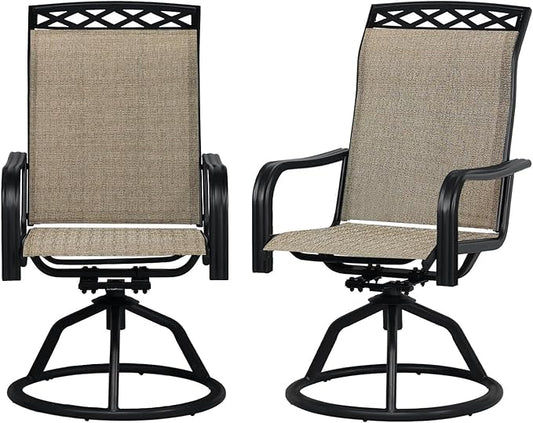 SHGJ&SOFT Patio Swivel Chairs, Waterproof Outdoor Dining Chairs with All-Weather Textilene Mesh for Deck, Garden, and Backyard (Patterned Backrest-Brown, Set of 2)