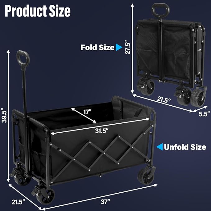 Wagon Cart Foldable with Brakes, 500LBS Heavy Duty Folding Utility Cart with All-Terrain Wheels for Beach, Camping, Sports & Shopping – Black