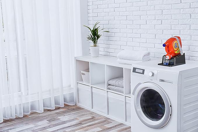 Liquid Laundry Detergent Holder Stand with Drip Tray - 1 Pack - Black | Easy Pouring, Rubber Feet, Secure Strap, Angled Stand, Fabric Softener Dispenser for Laundry Room Organization & Storage