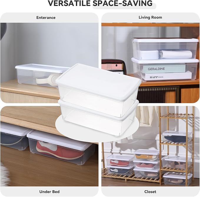 novelinks 8 Pack 6 Quart Clear Plastic Shoe Storage Bins with Lids (White)