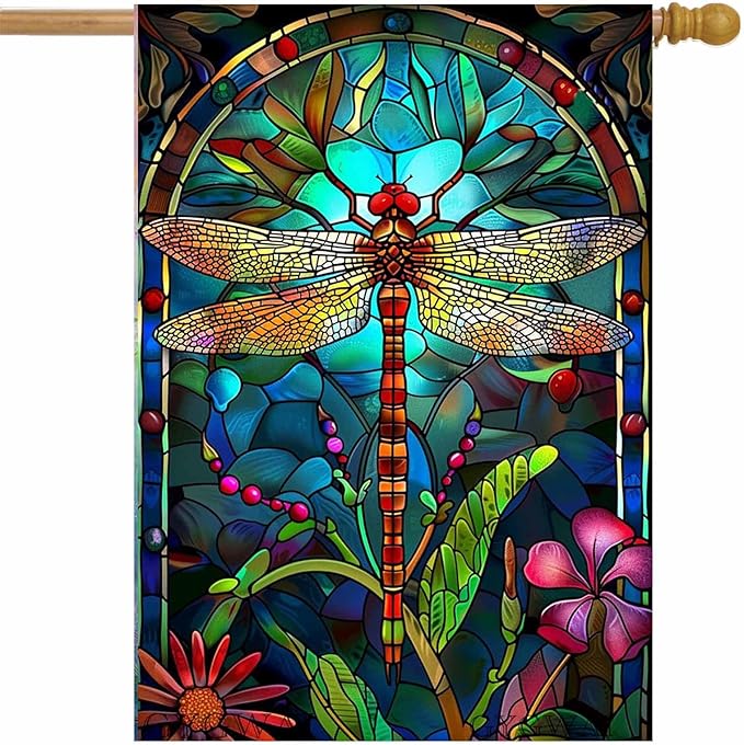 Stained Glass Spring Dragonfly House Flag 28x40 Inch Double Sided for Outside, Floral Large Burlap Yard Flag Seasonal Farmhouse Outside Outdoor Decor