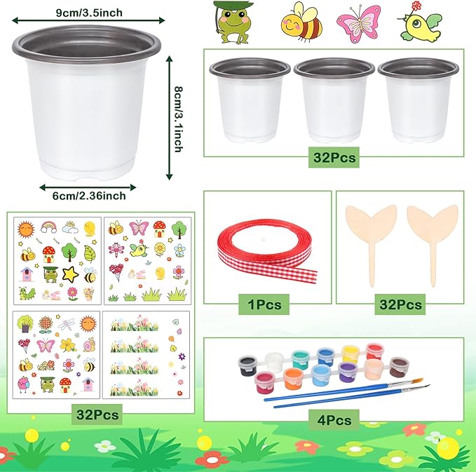 Garden Plastic Pot Craft Kit 32 Nursery Pots with 32 Stickers 32 Plant Labels 4 Painting Tools and 1 Ribbon for Mother's Day Flower Plant Spring Graduation DIY Crafts Painting Gardening Growing Tools