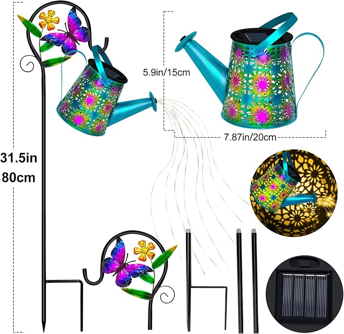 Solar Watering Can with Lights, Waterproof Solar Lantern with Butterfly Shepherd Hook, Hanging Garden Lights for Patio Yard Lawn Porch Outdoor Decoration 2 Pack