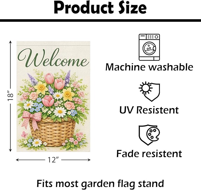 Heyfibro Welcome Spring Floral Basket Garden Flag 12x18 Inch Double Sided Spring Tulip Daffodil Garden Flag Small Yard Flags for Outside House Farmhouse Seasonal Outdoor Decorations