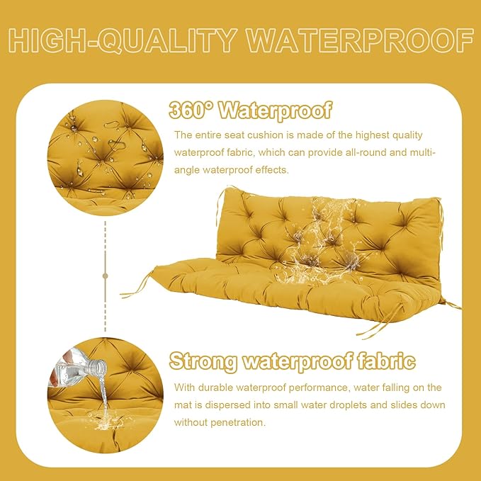 Premium 5"Thick Waterproof Outdoor Swing Cushions Sturdy Durable 2-3 Seat Replacement Porch Swing Cushions with Backrest&Ties Bench Cushion for Outdoor Furniture Backyard Patio(Yellow48x40in)