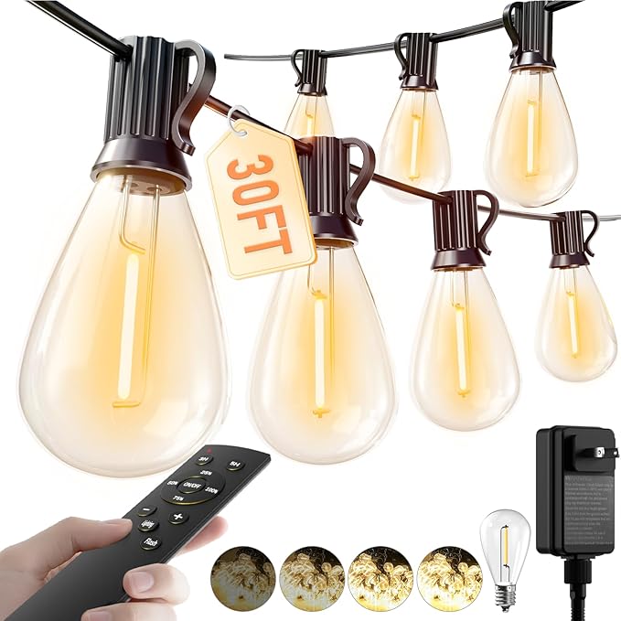luckystyle 30FT Outdoor String Lights 2200K with Remote Control