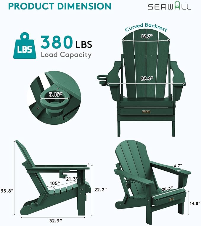 SERWALL Foldable Adirondack Chair Set of 4, Weather Resistant HIPS Patio Chairs with Cup Holder for Garden Outdoors Fire Pit Chairs-Green