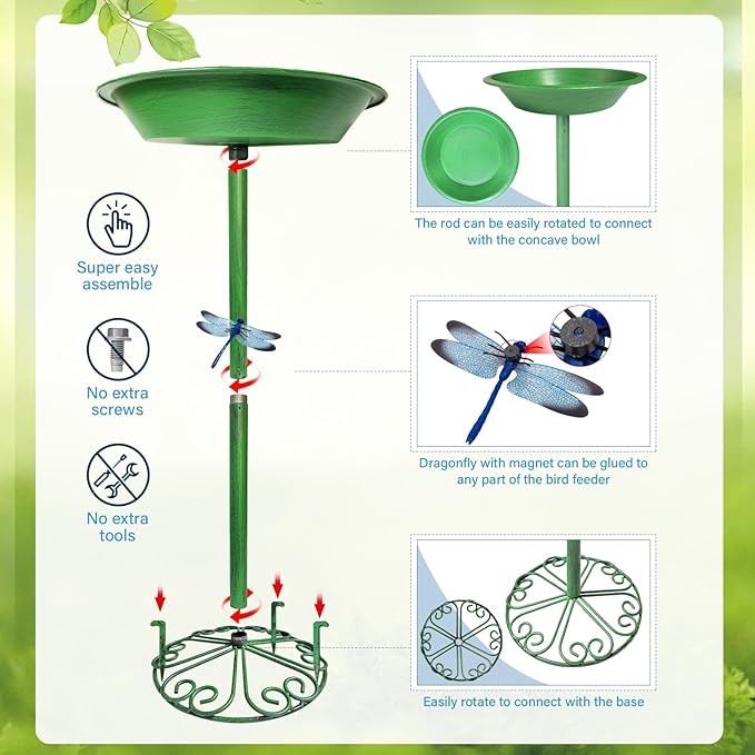 WANGIRO Stand Bird Baths for Outdoors 12 Inch Outdoor Garden Bird Feeder Metal Birdbath with Magnetic Dragonfly for Backyard Birding Freestanding for Garden Yard and Lawn Decoration-Green