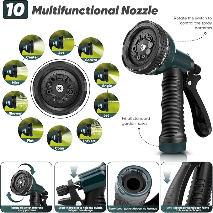 Garden Hose with 10-Function Nozzle, Leak-proof Metal Connector Hose, No Knots, Kink-Free Hoses, Lighter, Anti-Pets, Wear-Resistant, 3/4 GHT, Water Hose for Garden, Yard, Outdoor（75 FT）