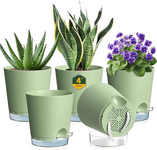 Meowell 4 inch Self Watering Pots for Indoor Plants, 5 Pack Small Flower Plant Pots with Drainage Holes and Clear Reservoirs, Visible Water Level, Plastic Planters with Wicking Rope, Green
