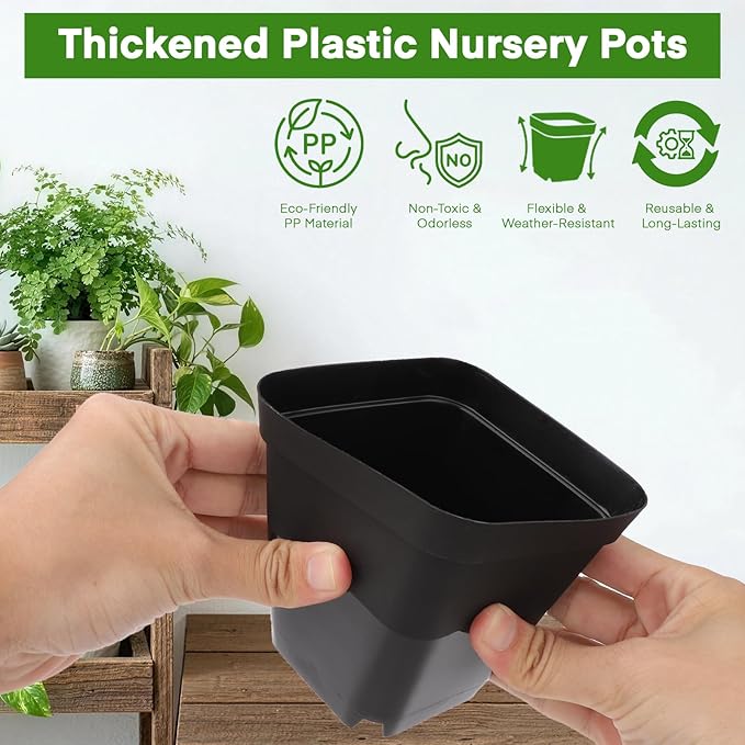 GREANER 4 Inch Nursery Pots, 100PCS Square Plastic Plant Pot with Drainage Holes, Small Planters for Seedling, Planting, Transplanting, Cuttings(Black)