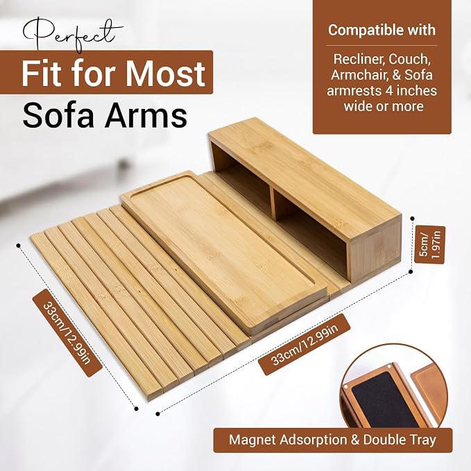 Couch Arm Tray - Bamboo Couch Table Armrest with Side Storage Pockets - Anti-Slip Multifunctional Sofa Snack Organizer for Drinks, Phone, Remote, and More (Natural)