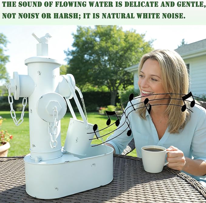 Metal Fire Hydrant Solar Water Fountain with Backup Battery,Solar Powered Water Fountain Outdoor,Solar Fountain Bird Bath for Garden, Patio & Yard Decor,Working at Night for at Least 6 Hours (White)