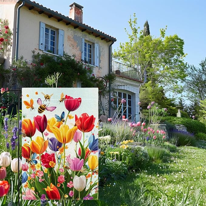Spring Summer Tulip Garden Flag 12x18 Inch Double Sided, Colorful Welcome Yard Decor, Farmhouse Outdoor Flag for Lawn Patio Porch