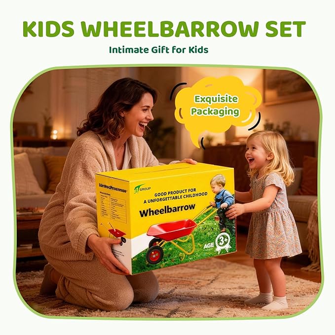 Kids Metal Wheelbarrow with Single Wheel,Children Garden Cart with Steel Tray and Non-Slip Handles, Sturdy Outdoor Yard Toy for Toddlers, Ideal for Sand, Leaves, and Soil (Red-Wheelbarrow)