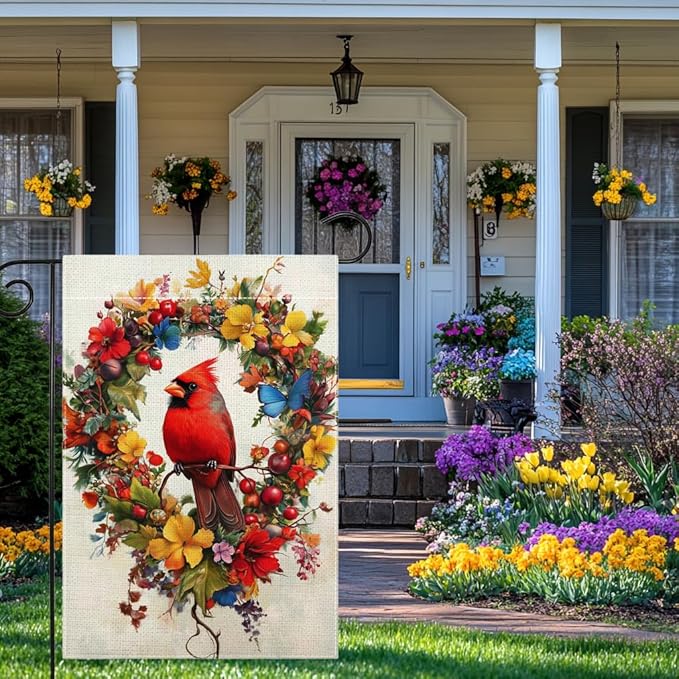Red Bird Butterfly Flowers Garden Flag 12x18 Inch Double Sided Spring Summer Cardinal Colorful Floral Love Hearts Yard Outdoor Flag House Holiday Outside Decoration