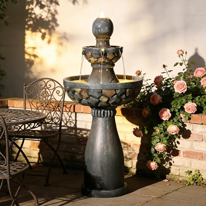 Sunlinua 46.5H 3-Tier Outdoor Water Fountain with LED Lights Italian Resin Garden Fountain for Patio Garden Weather-Resistant Cascading Waterfall Feature with Quiet Pump Elegant Décor Black Gray