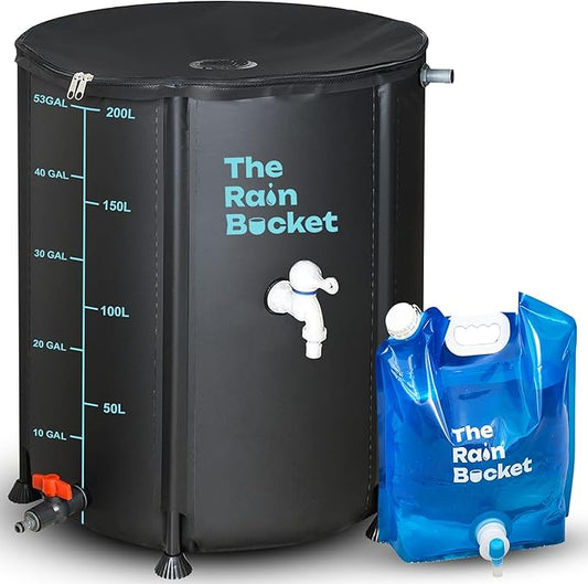 Collapsible Rain Barrel 53-Gallon – Weatherproof Rainwater Collection System for Gutter with Spigots, Mosquito Mesh & PVC Support Rods – Portable Water Storage Tank for Garden & Outdoor Use – Black