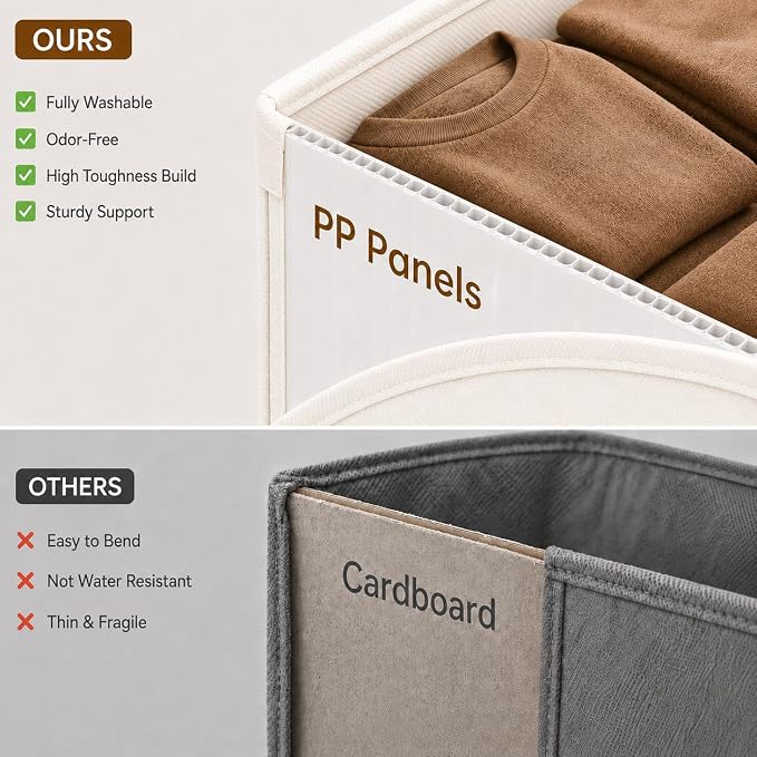 3-Pack Closet Storage Bins, Foldable Fabric Storage Baskets, Beige | Thickened Rigid PP Panels, Cotton-linen Shelf Baskets, Measure 14.75"L x 10.25"W x 8.25"H for Clothes, Closets and Drawers