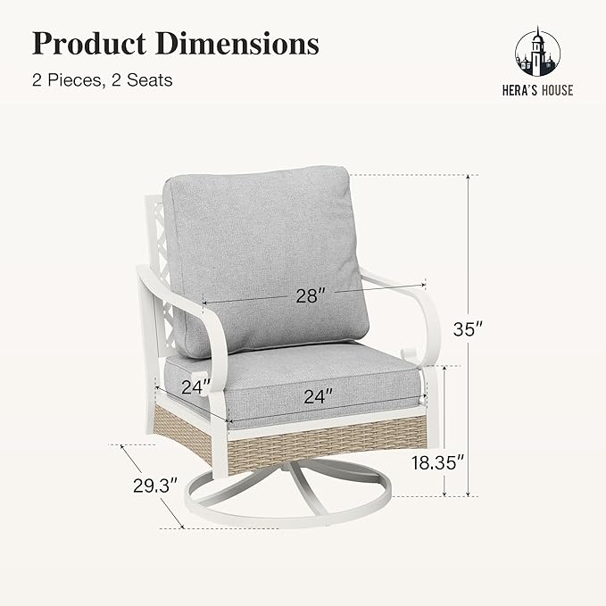 HERA'S HOUSE Swivel Outdoor Patio Chairs Set of 2 with Cushions, High Back Metal Frame, All Weather Garden Furniture for Lawn, Backyard, Deck, Grey