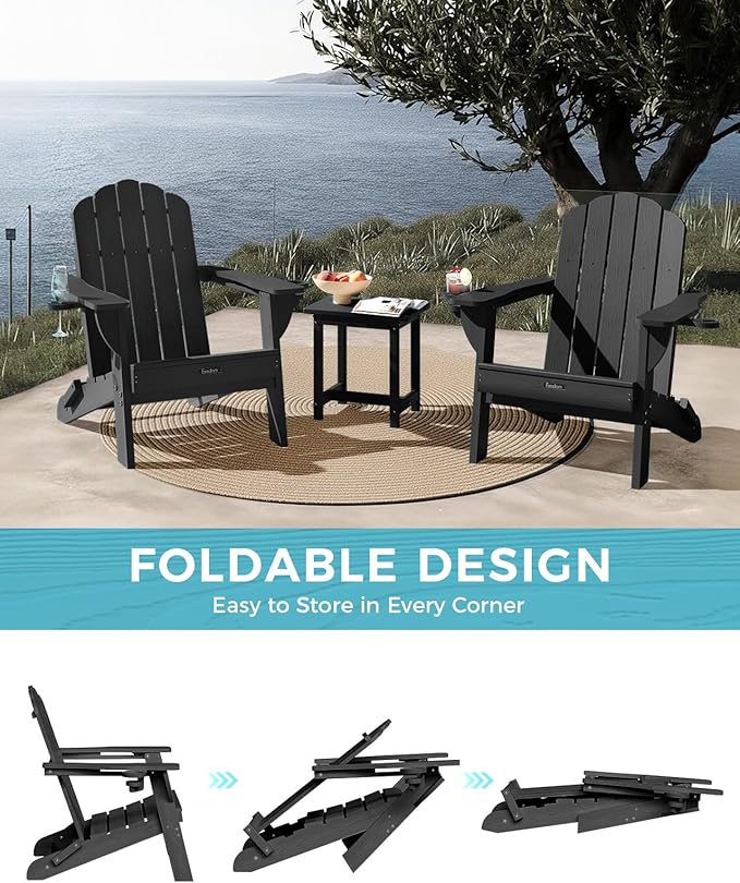 Adirondack Chairs Set of 2, HDPE Material Fire Pit Chairs, Plastic Adirondack Chairs with 2 Cup Holder, Outdoor Lawn Chair for Patio Garden, Black