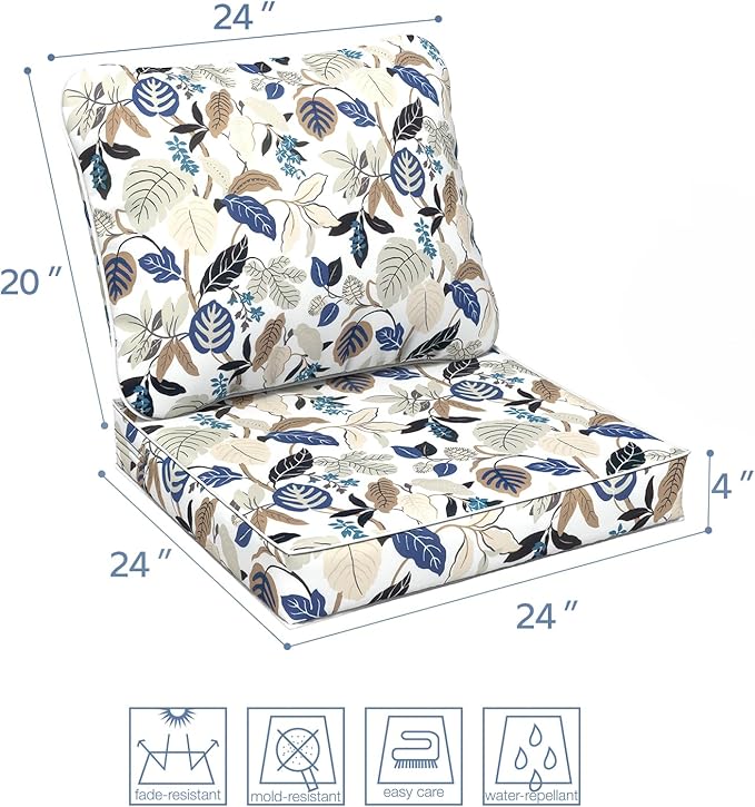 LVTXIII Outdoor/Indoor Deep Seat Cushion Patio Seat and Back Cushion Set All-Weather Replacement Chair Cushion for Wicker Chairs and Garden Furniture Decoration, 24"x24"x4", Breeze Leaves Beige