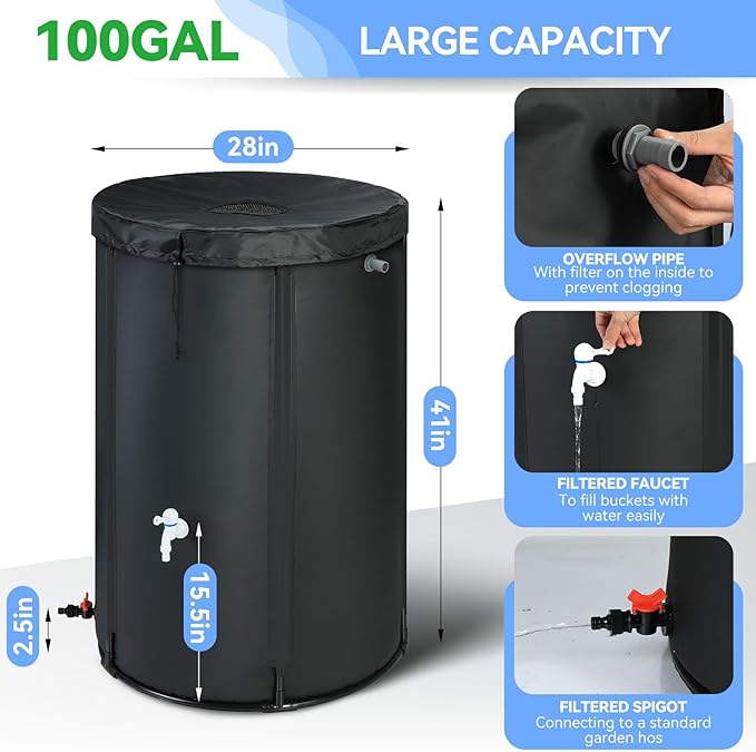 100 Gallon Rain Barrel Water Tank - Portable Collapsible Rain Water Collection Barrel - Large Water Storage Tank - Stable Water Barrels Rain Catcher with Spigot Overflow Kit, Black