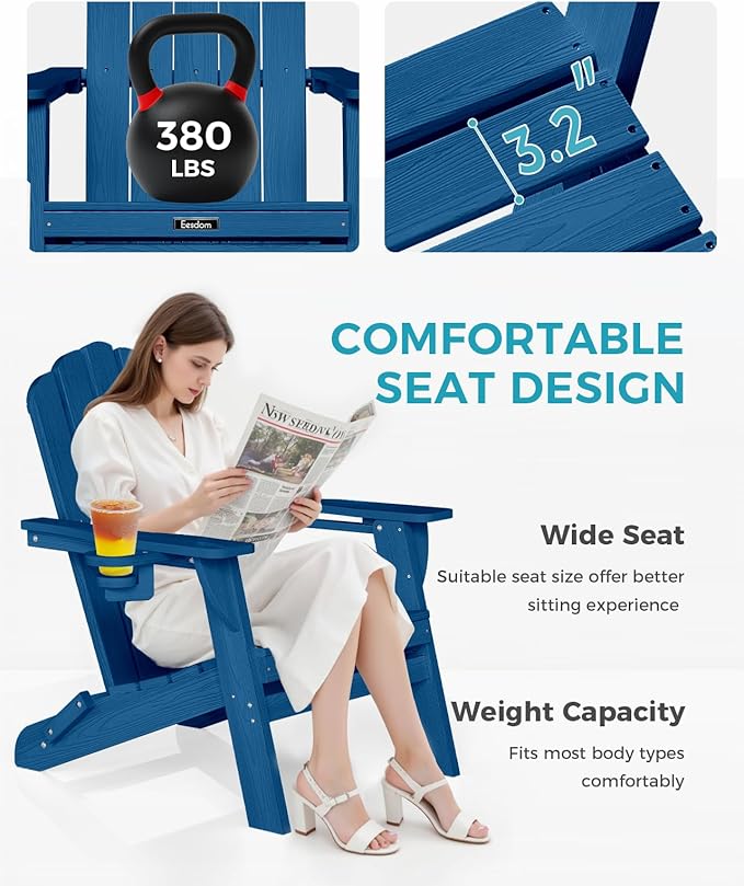Folding Adirondack Chair, HDPE Adirondack Chair with 2 Cup Holders, Pre-Assembled Outdoor Fire Pit Chairs for Patio, Garden, Poolside, NavyBlue