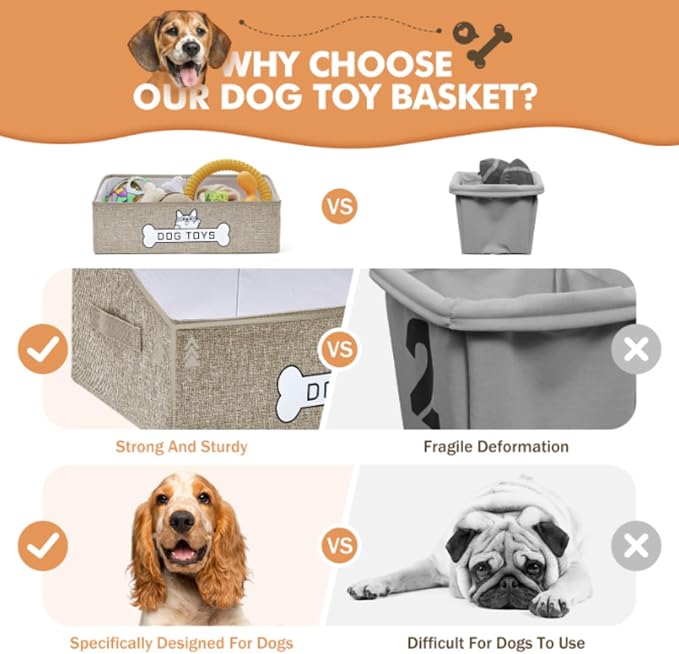 Dog Toy Basket, Collapsible Dog Toy Box with Handle, Perfect for Storing Pet Toys and Accessories (Light Khaki)