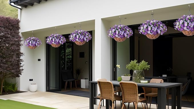INXUGAO Artificial Flowers with Hanging Planter for Outdoors, Faux Silk Daisy Flower UV Resistant Plants in Basket Indoor Porch Garden Yard Spring Summer Decor(Purple)