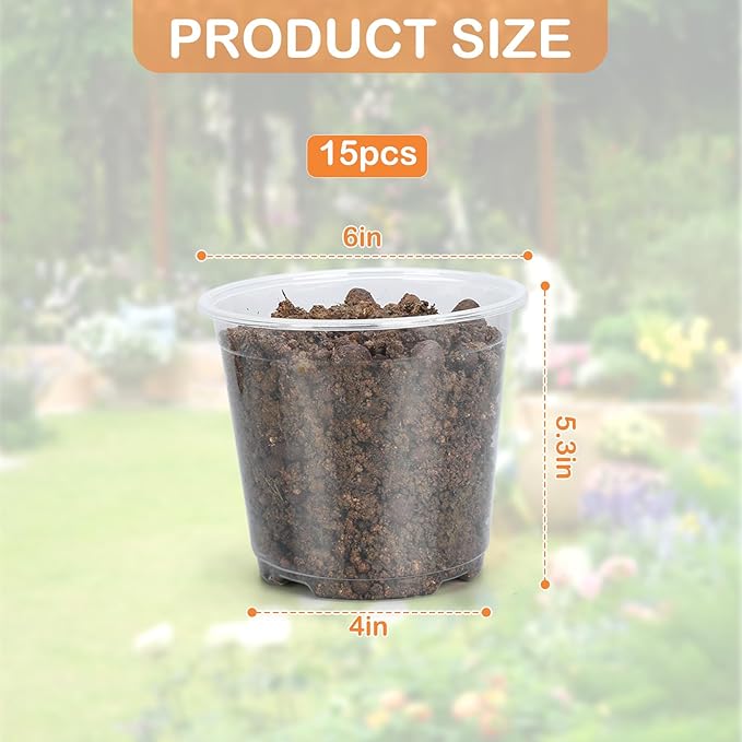 15 Pack Clear Nursery Pots with Drainage Holes, 6 Inch Seed Starting Plastic Plant Pots, Transparent Variety Pack Flexible Garden Pot for Outdoor Indoor (Clear, 6 Inch)
