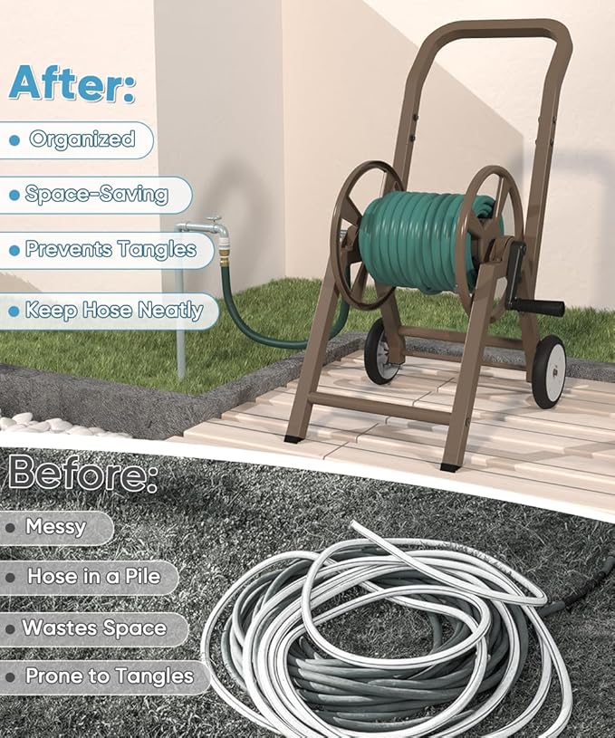 Artigarden Garden Hose Reel Cart with Wheels, Holds 165 ft of 5/8’’ Hose Outdoor Heavy Duty Powder-coated Steel Water Storage Winder Holder with 3.9 Ft Leader Hose for Outside Lawn Yard, Brown