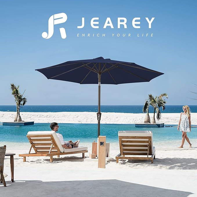 JEAREY 9FT Outdoor Patio Umbrella Outdoor Table Umbrella with Push Button Tilt and Crank, Market Umbrella 8 Sturdy Ribs UV Protection Waterproof for Pool, Deck, Backyard, Garden (Navy Blue)