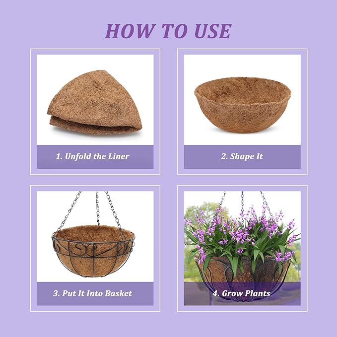 6 Pcs 8inch Coconut Fiber for Plants Round Hanging Basket Liner Wall Planter Insert Replacement Coco Coir Liner for Window Box, 100% Natural Coconut Fiber Fence Flower Baskets Pot (6, 8 inch)