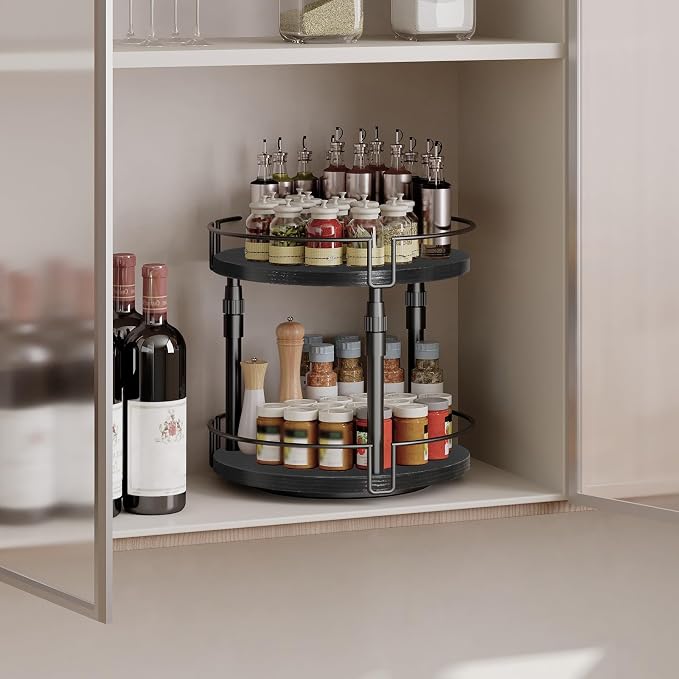 HOOBRO Lazy Susan Organizer Spice Rack, 2-Tier Height Adjustable Rotating Lazy Turntable Spice Organizer, for Kitchen Countertop and Cabinet, Black BB05TL01