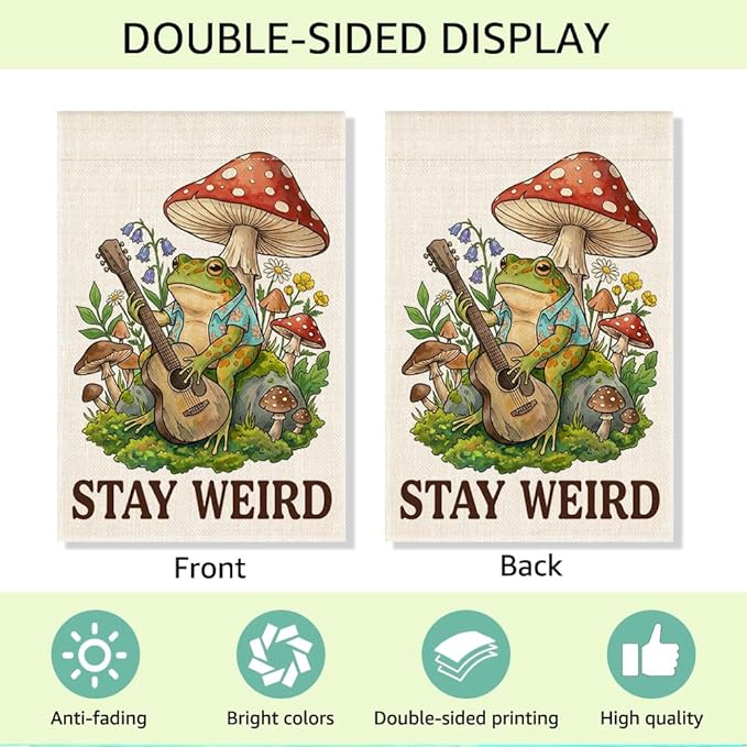 RZHV Stay Weird Double-Sided Garden Flag for Outdoor House Yard Sign Garden Decor Parade, Cute Frog Mushrooms Vertical House Lawn Yard Sign, Housewarming Banner Gifts for Frog Lover Friends Neighbors