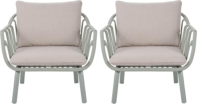 Christopher Knight Home Set of 2 Huron Indoor/Outdoor Polypropylene and Iron Frame Club Chairs,Patio Conversation Seating/Armchair for Garden, Backyard, Poolside,Removable Cushions, Light Green+Beige