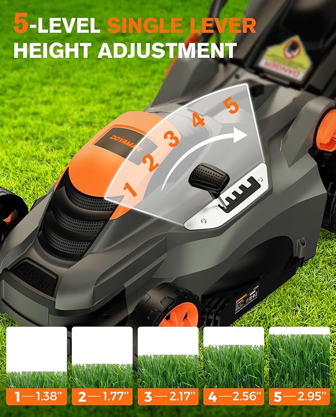 DOVAMAN 13Amp LA16M Lawn Mower, 16" Blade, 5-Position Height Adjustment, 3-Step Quick Vertical Fold Storage, 2-in-1 Mulching & Bagging, 98% Collection, Corded Lawn Mower for Your Garden