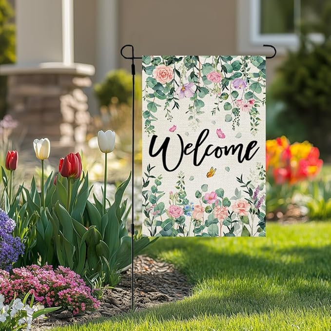 CROWNED BEAUTY Spring Garden Flag Floral Double Sided 12x18 Inches Small Burlap Holiday Seasonal Welcome Yard Decoration for Outside Porch CF1768-12