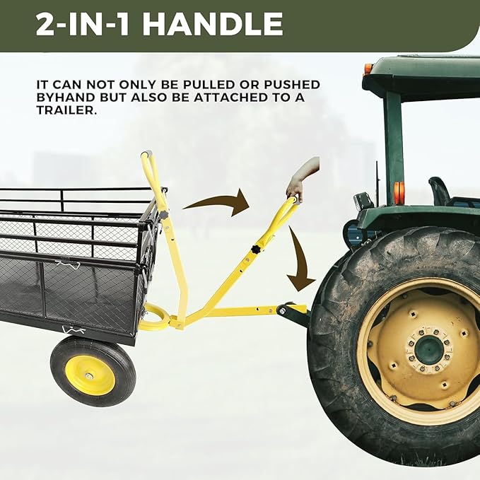 Heavy Duty 1400 lbs Capacity Steel Garden Cart with Removable Mesh Sides & 16" Tires, Convertible Flatbed Utility Wagon for Farm, Yard, Lawn, and Beach Use, Yellow