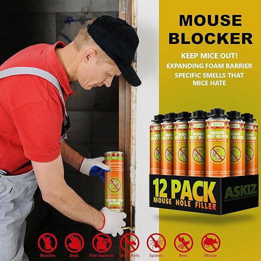 ASKIZ Rodent Block Spray Foam (12x16.9 oz) Mouse Hole Filler Barrier to Keep Mice from Entering the Home, Wall Gap Filler Expanding Foam Sealant Insulation, Keeps Insects & Rodents Away