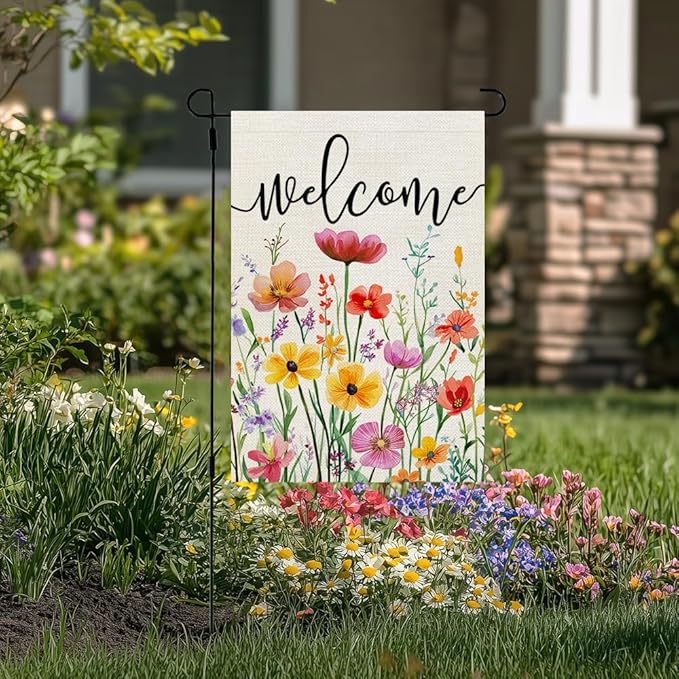 CROWNED BEAUTY Spring Garden Flag Wildflowers Floral Double Sided 12x18 Inches Small Burlap Welcome Holiday Seasonal Yard Decoration for Outside Porch CF1761-12