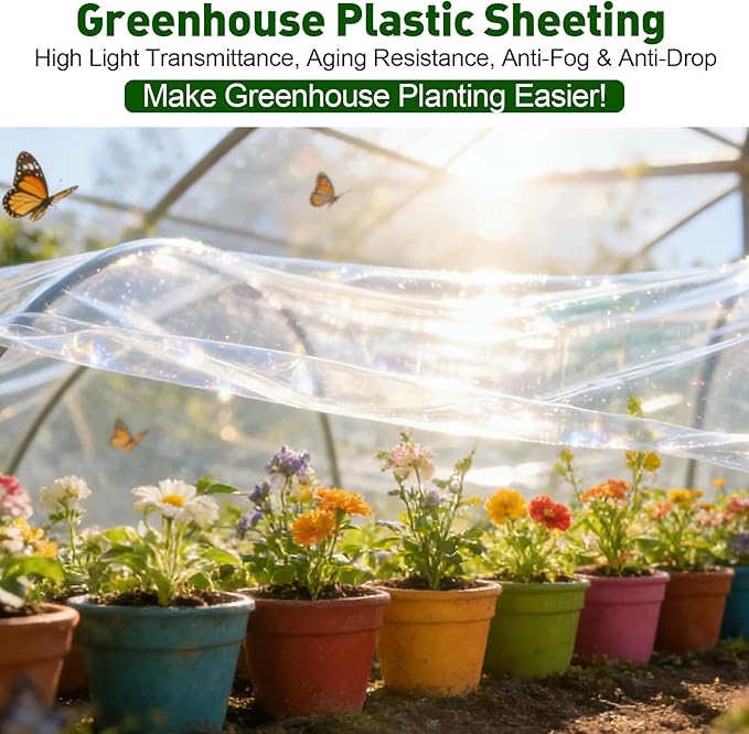Greenhouse Plastic Sheeting,6.5ftx9.8ft Greenhouse Film,Clear Polyethylene Film for Outdoor Plant,Farms,Garden,Agriculture,Waterproof Wind Frost Dust