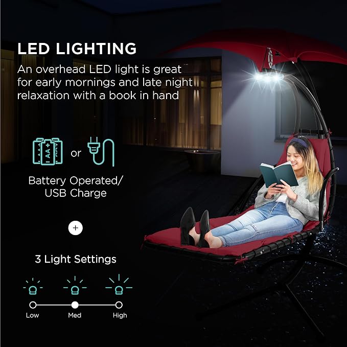 Best Choice Products Hanging LED-Lit Curved Chaise Lounge Chair Swing for Backyard, Patio, Lawn w/ 3 Light Settings, Weather-Resistant Pillow, Removable Canopy Shade, Steel Stand - Burgundy