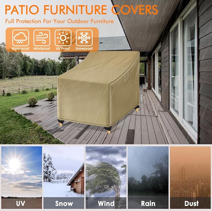 WLEAFJ Outdoor Chair Covers Waterproof, Khaki Lawn Patio Furniture Covers, Heavy Duty Wicker Garden Sofa Chair Cover, 2 Pack - 31.5" W x 33.5" D x 36" H