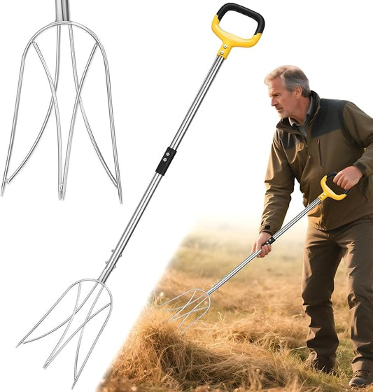 AugFir Pitchfork for Gardening, 48.5" Extendable Stainless Steel Garden Pitchfork with Handle, Suitable for Digging, Fertilizing, Transplanting, Multifunctional Garden Fork - 3 Tines