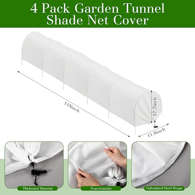 4 Pack Mini Garden Greenhouse Tunnel Net Cover, 10ft 2 in 1 Portable Frost Cloth Hoop Greenhouse Tunnel Quick-release Technology Sun Heat Protection for Outdoor Garden,Plant,Vegetable,Raised Bed